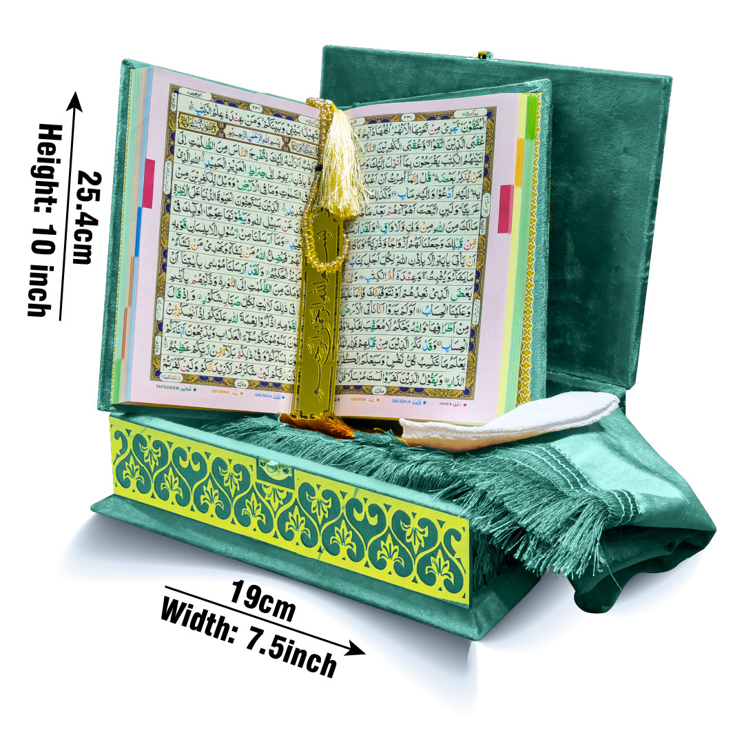 855-4KVJ4-Green Tajweedi Green Velvet Quran with Fancy box and Cap Attar Tasbih Bookmark Counter